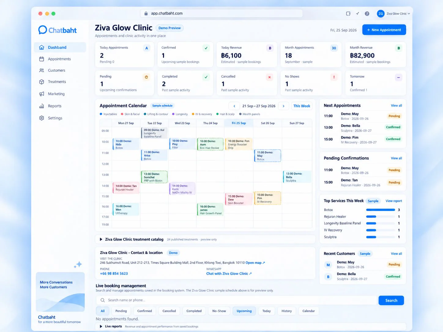 Chatbaht dashboard with appointment calendar, revenue and pending confirmations