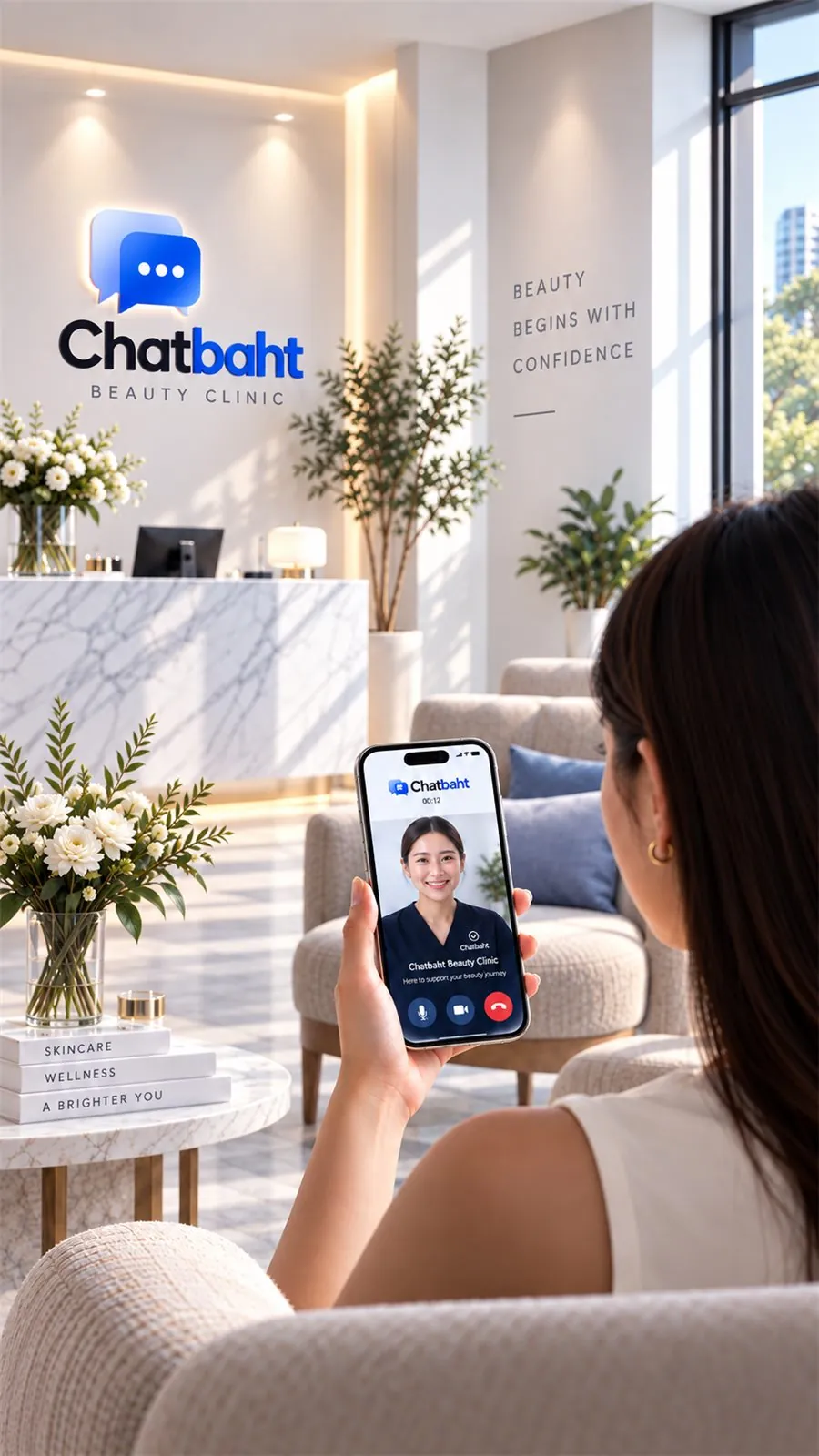 Customer on a video call with front desk staff